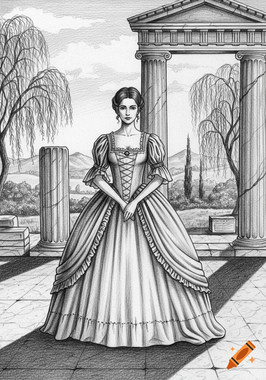 A black and white pencil sketch of a noble lady in a Victorian gown standing before ancient Greek ruins and willow trees.