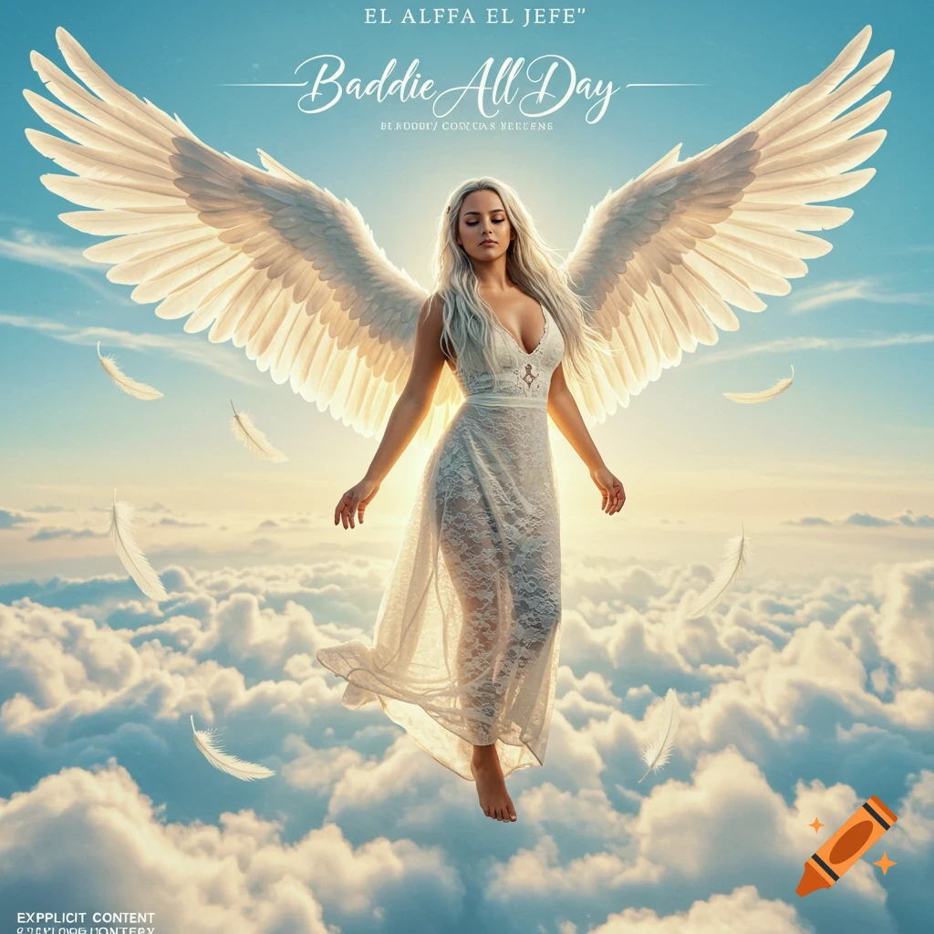 An ethereal angel with large white wings, long blonde hair, and a flowing white lace dress floats in a sky full of clouds at sunset. Text for a music album cover is visible.
