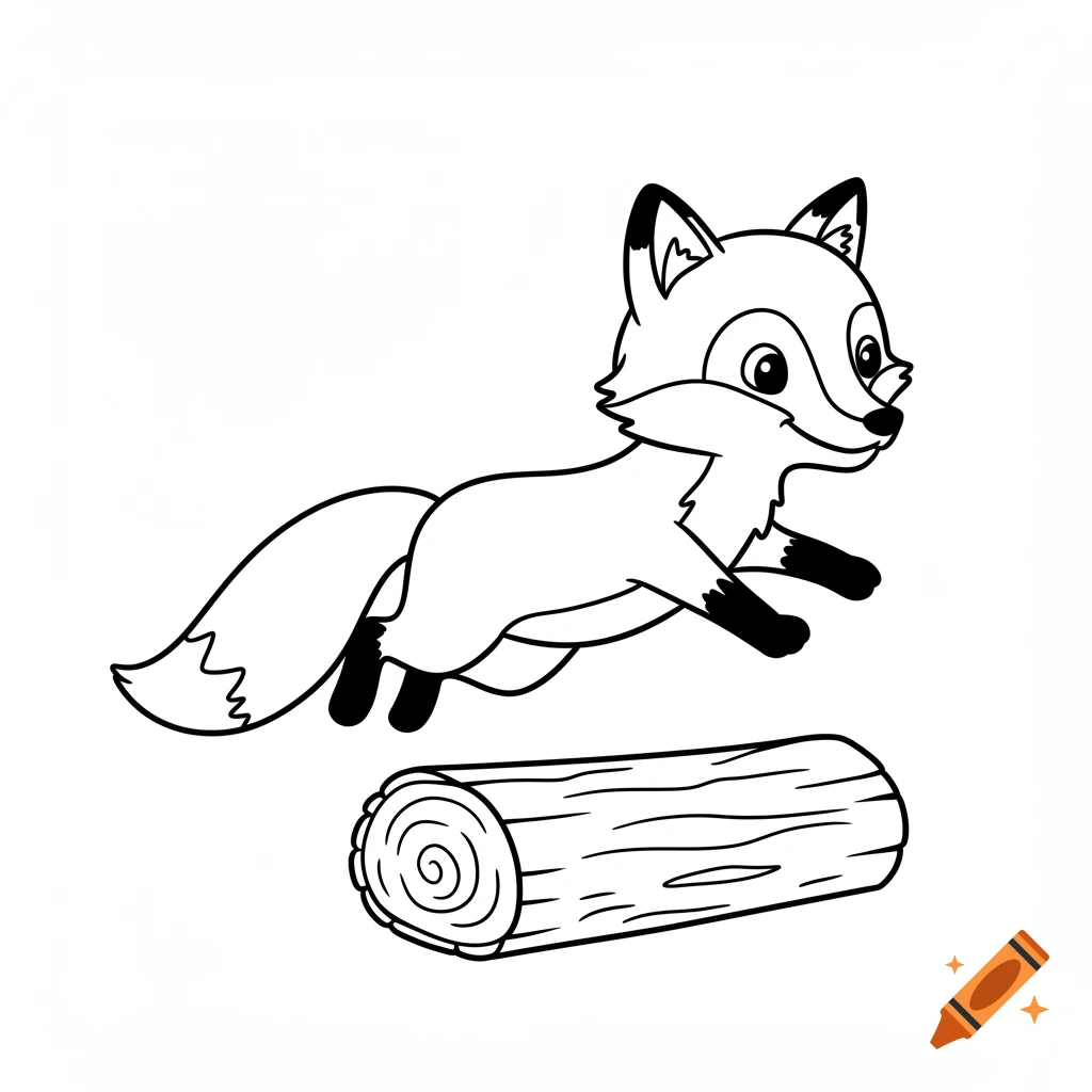 A cute cartoon fox jumps over a log in black and white line art, suitable for a coloring book.
