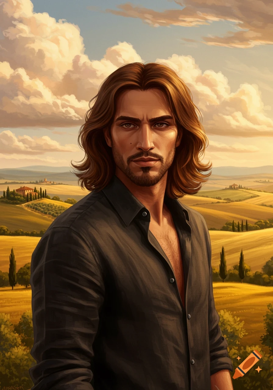 Digital painting of a man with long brown hair and a beard, wearing an open dark shirt, in a sunny Tuscan landscape.