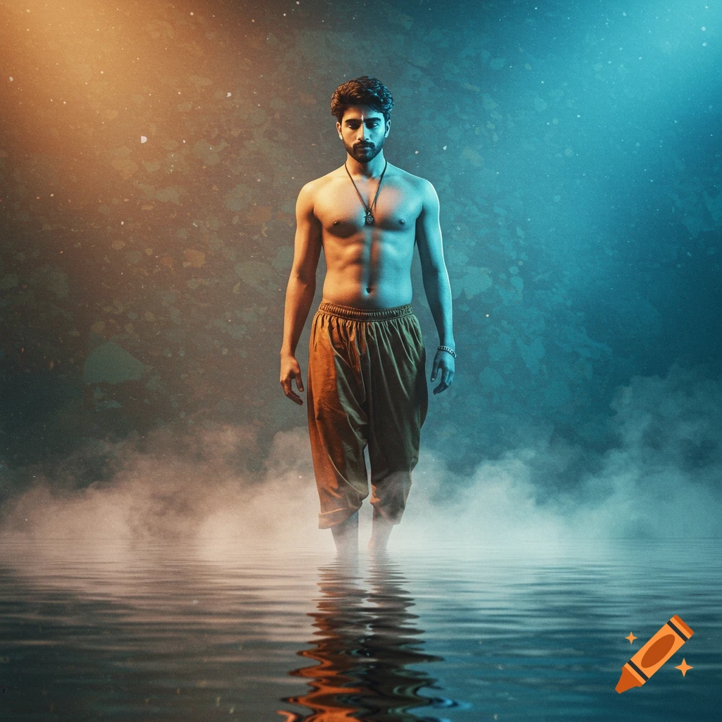 A shirtless man with a beard, wearing loose brown pants, stands in mist-covered water, illuminated by orange and blue light.