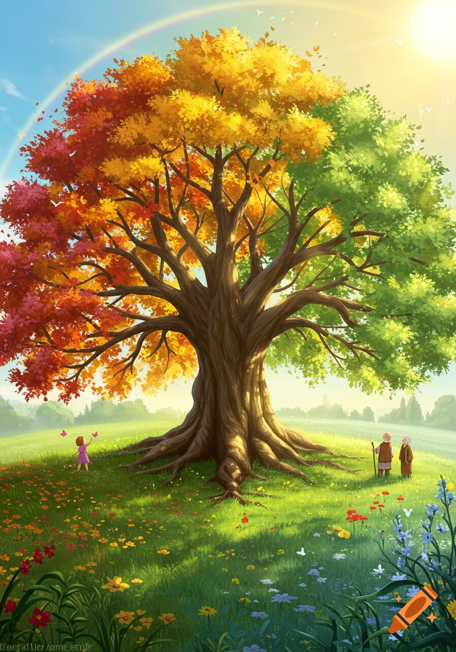 Vibrant illustration of a large tree with multi-colored leaves (red, yellow, green) in a sunny field with flowers, a rainbow, a child, and two elderly people.