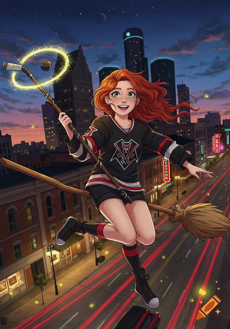 An anime-style redhead teen witch in a hockey jersey flies on a broomstick over a Detroit street at dusk, glowing hockey stick in hand.