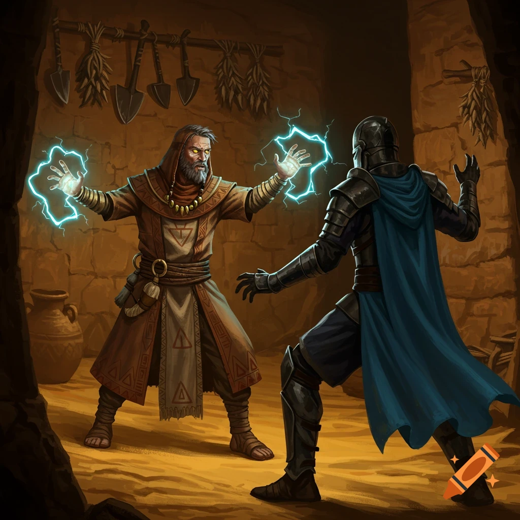 A wizard casting lightning spells at an armored knight in a prehistoric clay house, D&D art style.