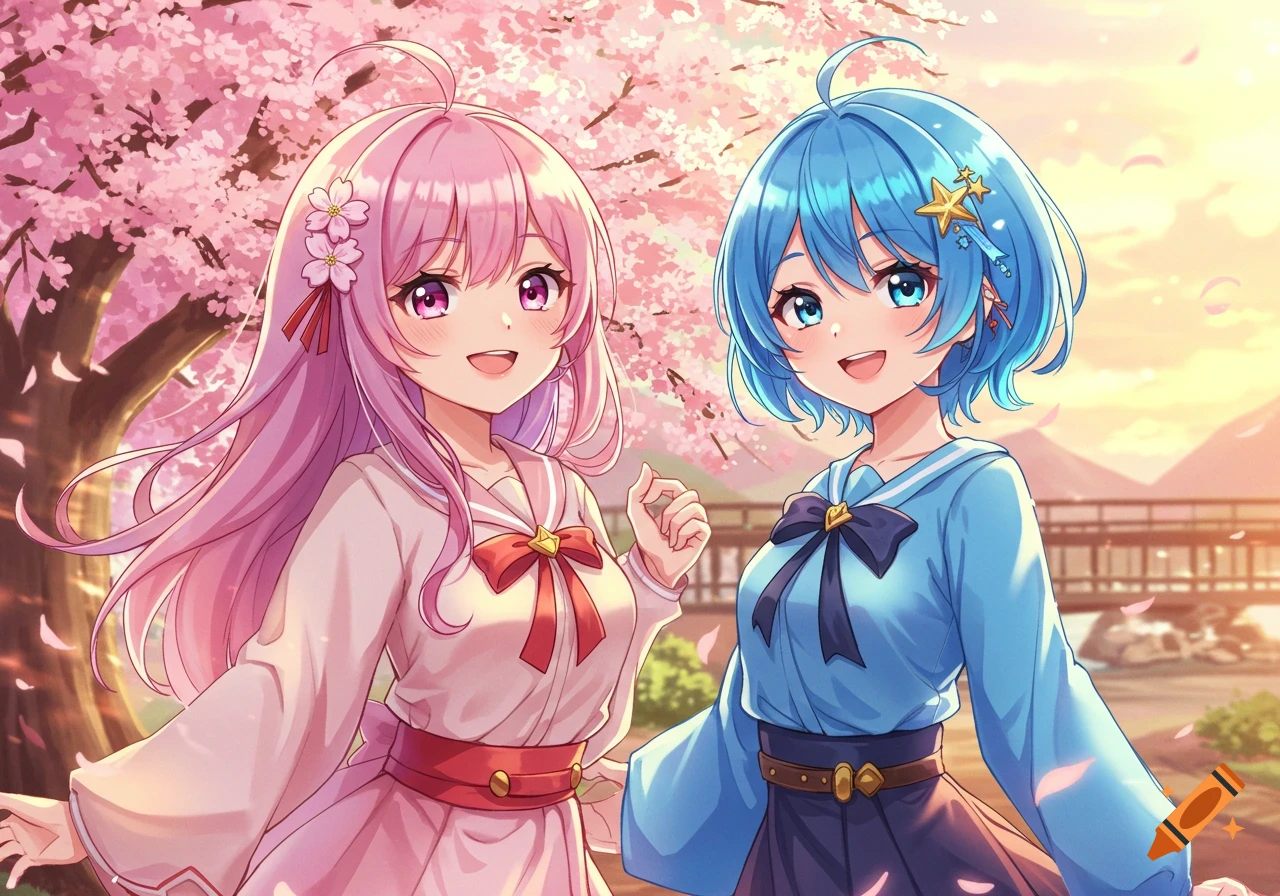 Two smiling anime girls, one with pink hair and one with blue hair, stand under pink cherry blossom trees.