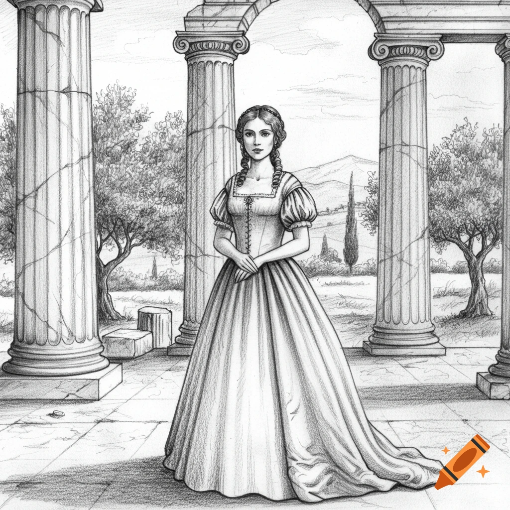 Pencil sketch of a noble lady in a Victorian gown standing before ancient Greek columns with mountains and olive trees in the background.