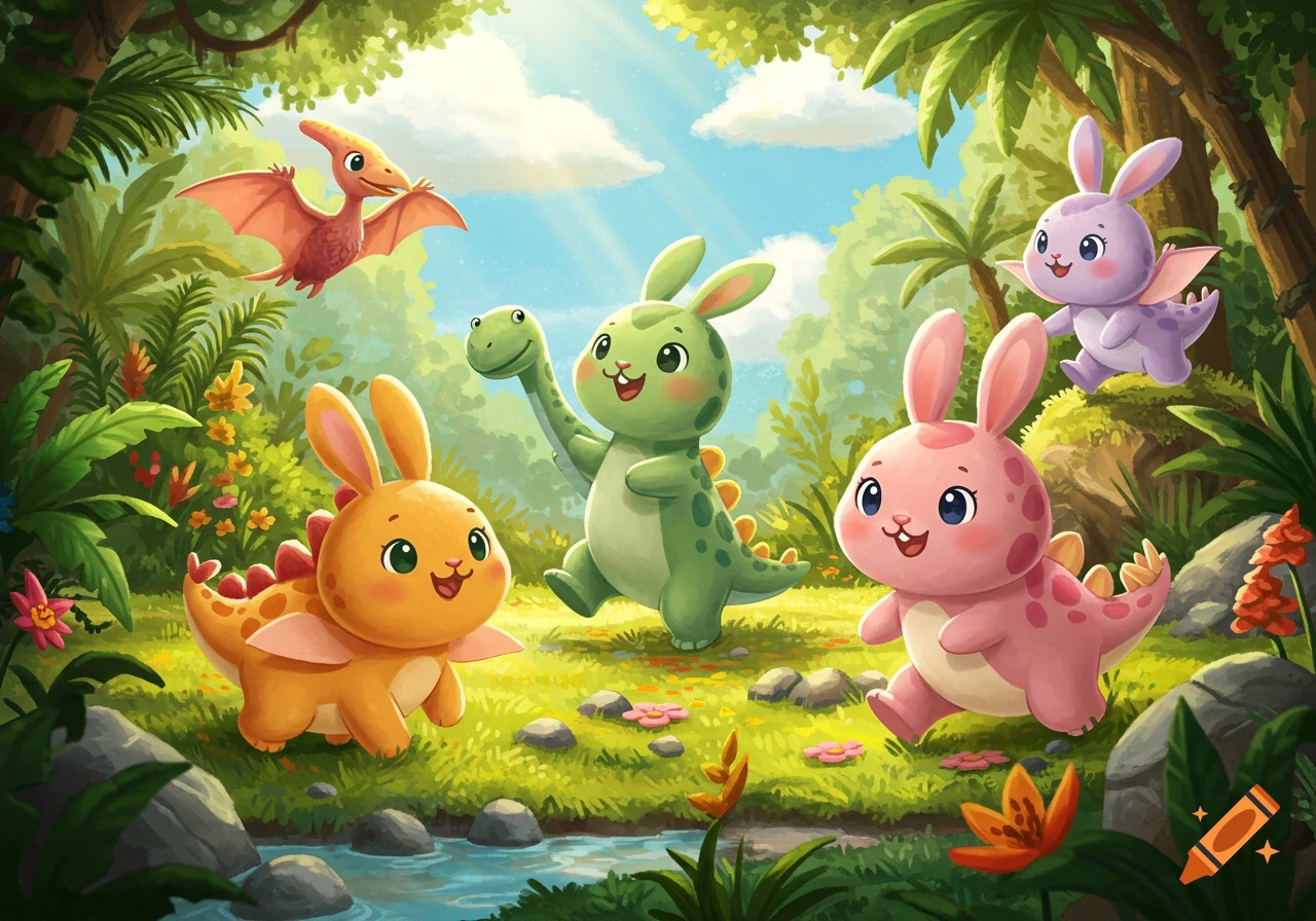 Vibrant illustration of five cute, cartoonish bunny-dinosaur hybrids in a lush, sunny jungle with a stream.