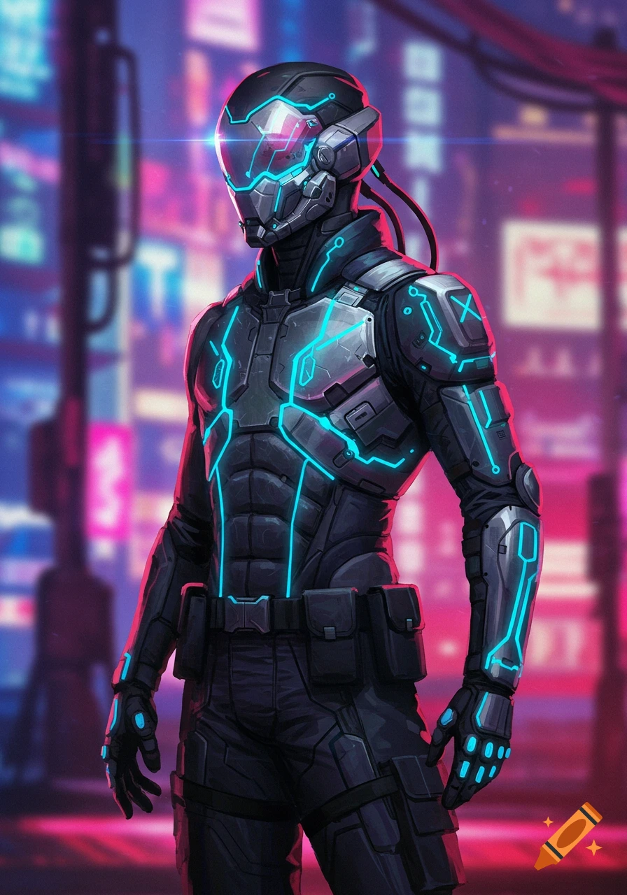 A futuristic armored character with a sleek helmet and glowing blue lines on a dark suit, standing in a neon cyberpunk city.