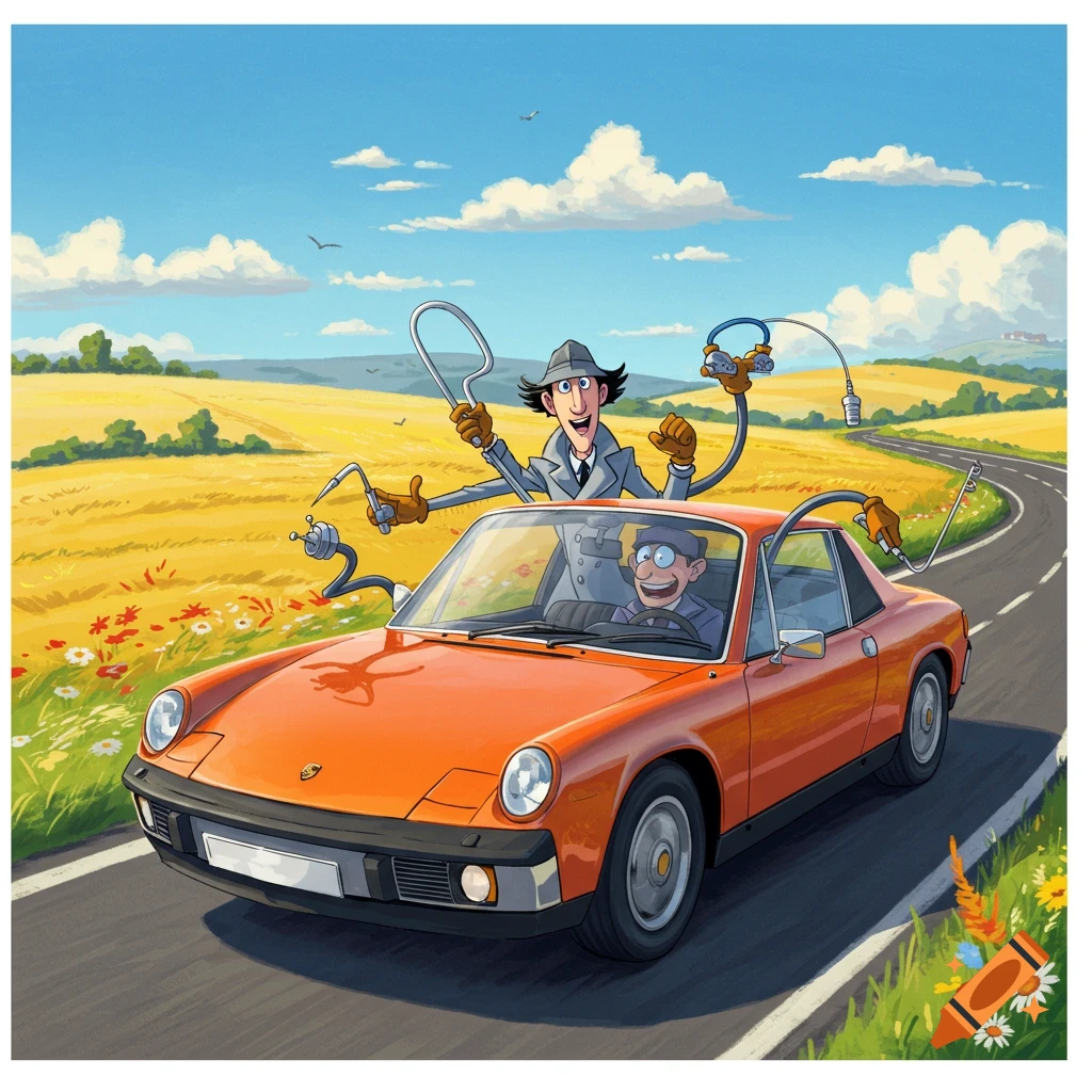 Cartoon illustration of Inspector Gadget extending gadgets from an orange Porsche 914 driven by another man on a country road.