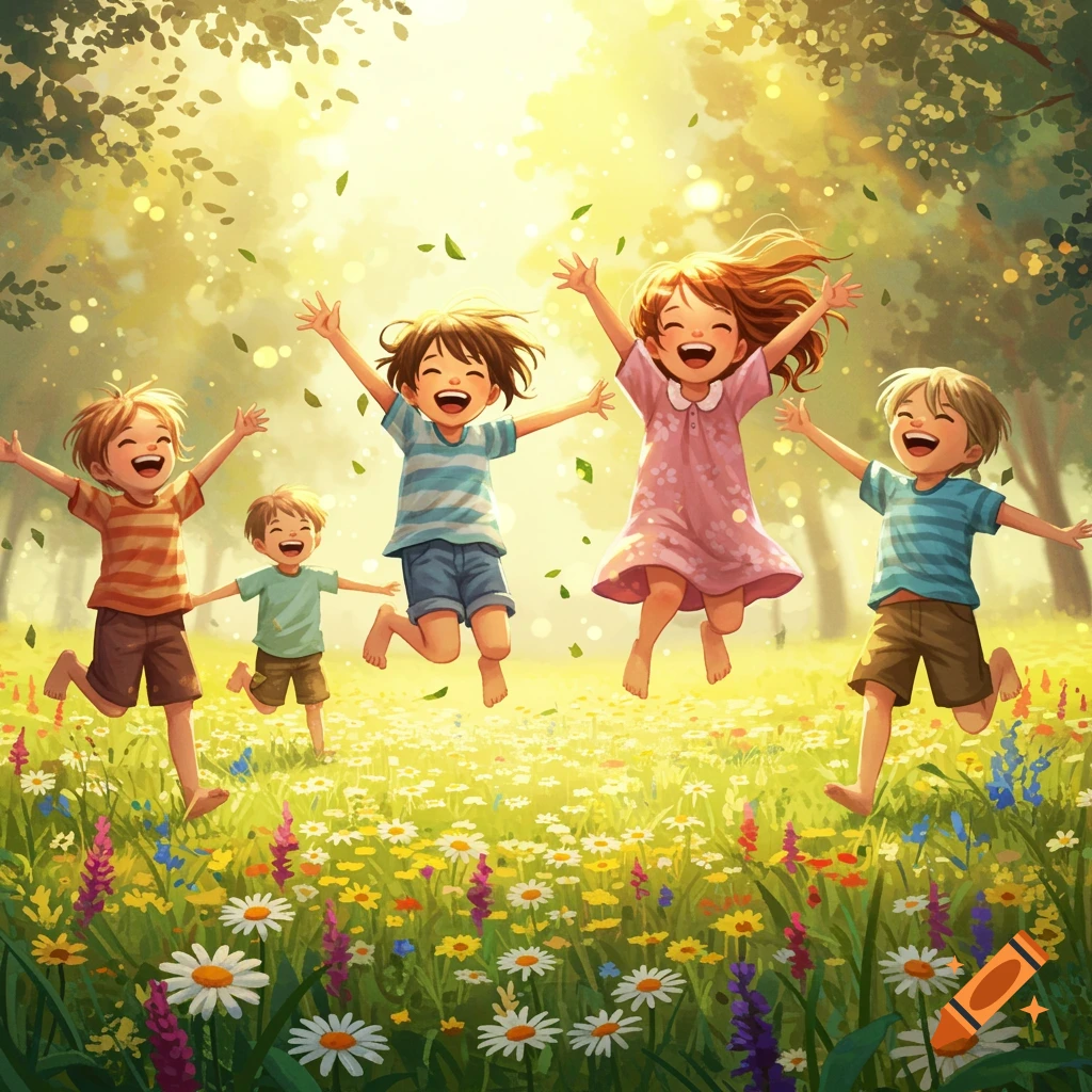 Five joyful children jump in a sunny meadow filled with colorful wildflowers and falling leaves, in a cheerful illustration style.