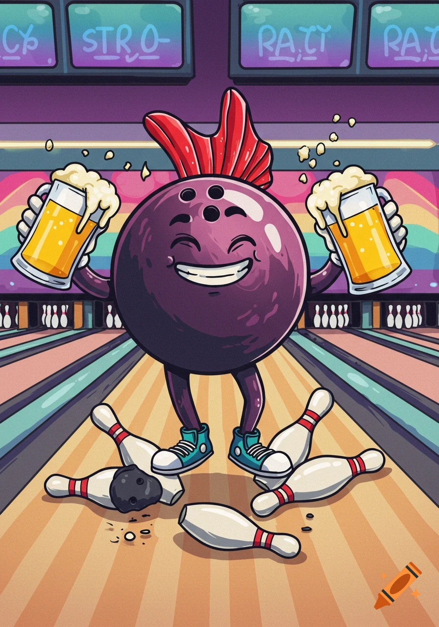 Cartoon bowling ball character with a red mohawk holding two mugs of beer in a bowling alley with knocked-down pins.