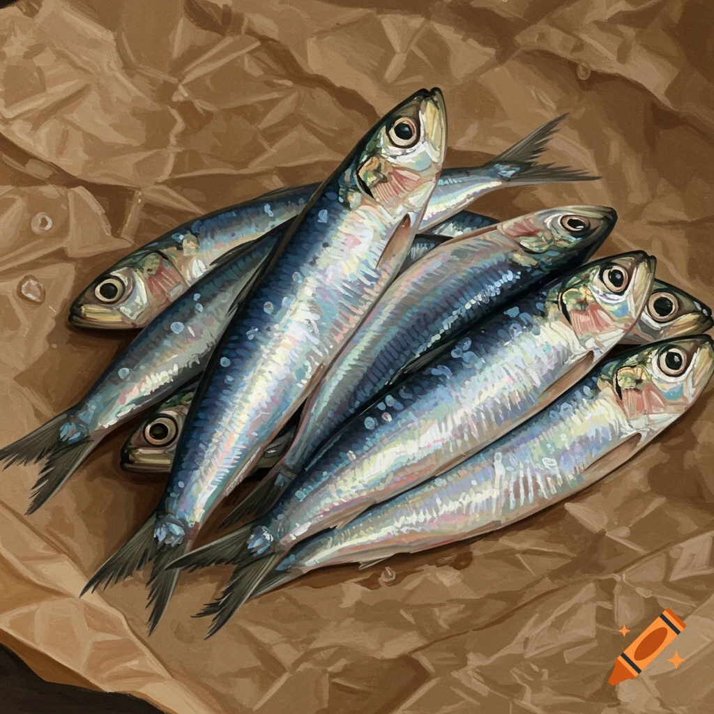 A digital painting of several shiny silver and blue sardines arranged on crumpled brown paper.