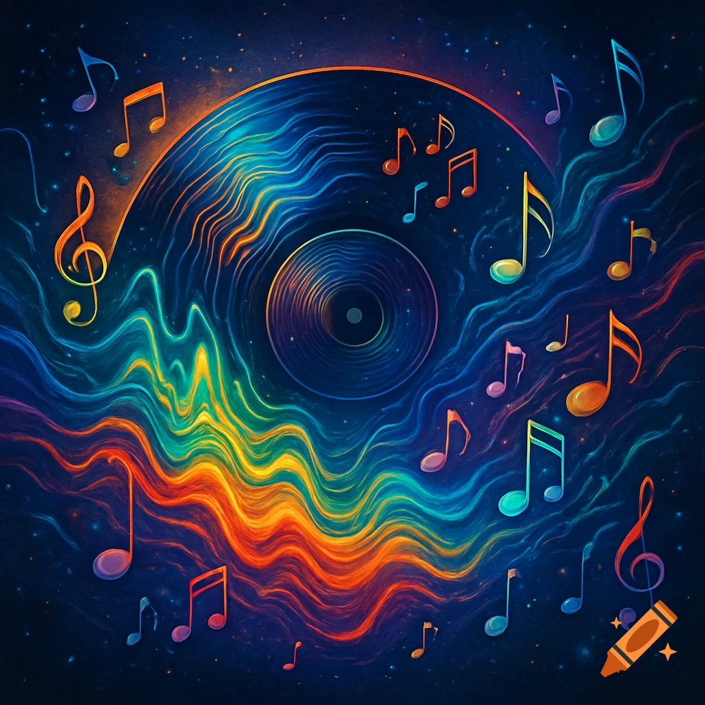 A vibrant, colorful abstract image featuring a record disc surrounded by various musical notes and a treble clef.