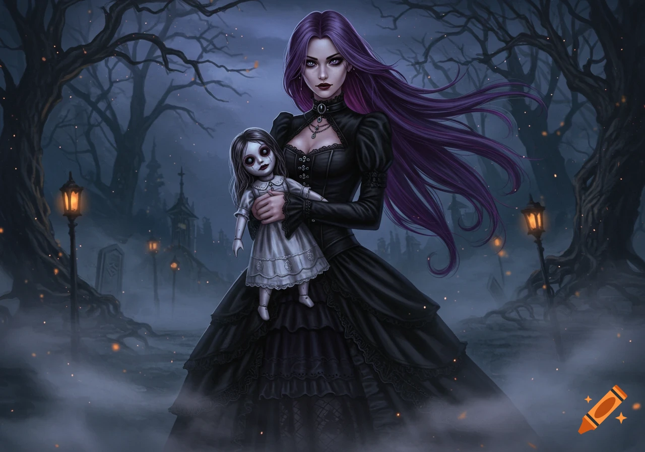 A female warlock with long purple hair and a black gothic dress holds a creepy porcelain doll in a misty graveyard at night, digital art.