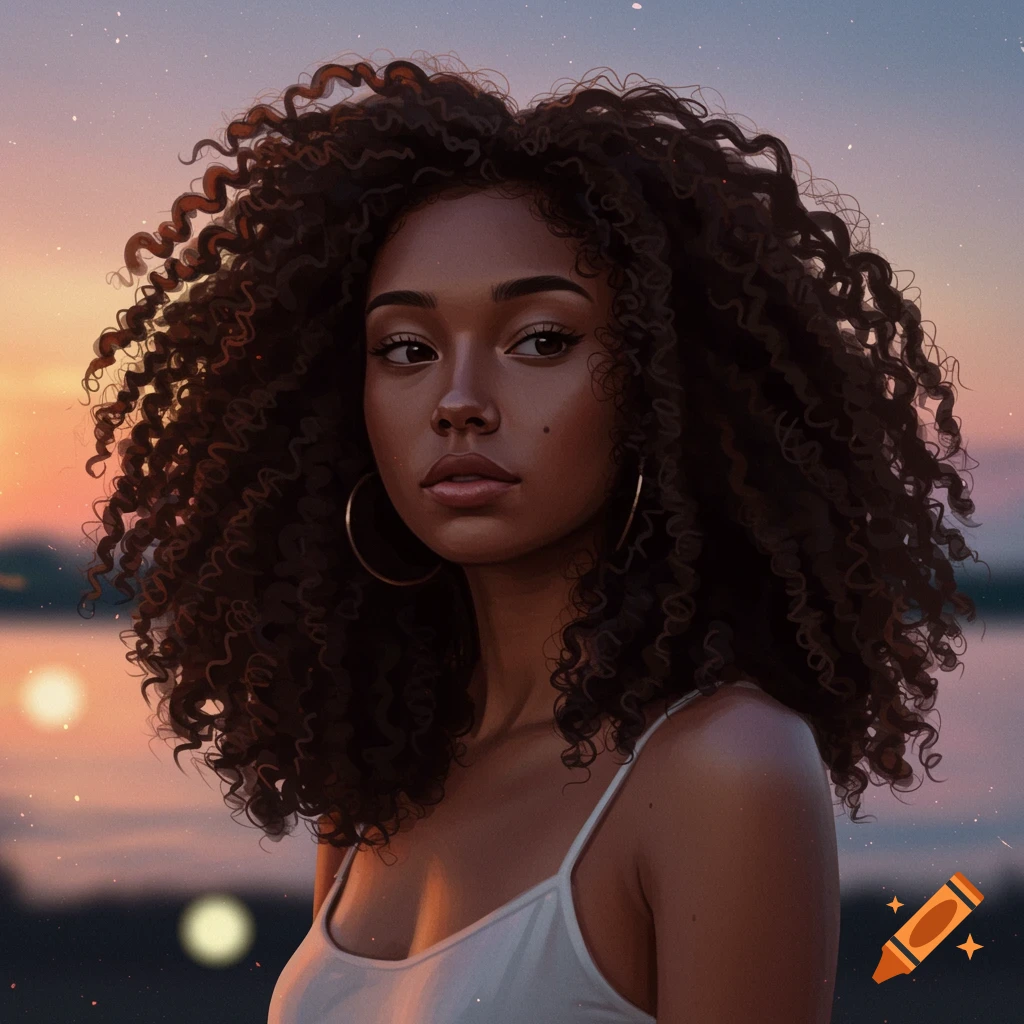 Digital art portrait of a young Black woman with long curly hair and hoop earrings, looking to the side at sunset.