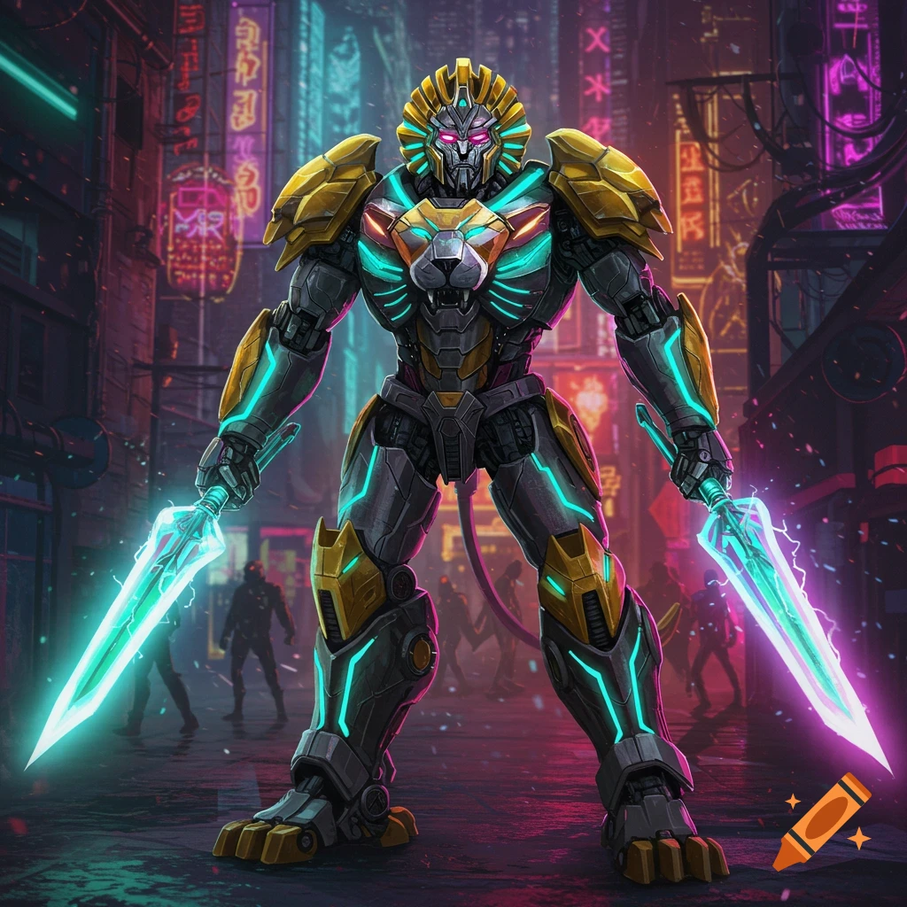 A powerful cyberpunk robot with lion-themed gold and glowing cyan armor stands in a neon-lit futuristic city street, holding two energy swords.