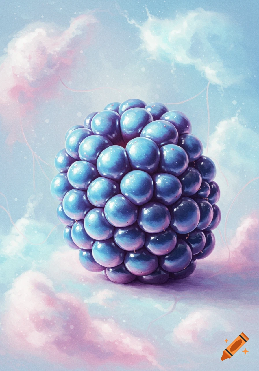A stylized, glowing blue blackberry against a whimsical background of pink and blue clouds, rendered in a painterly style.