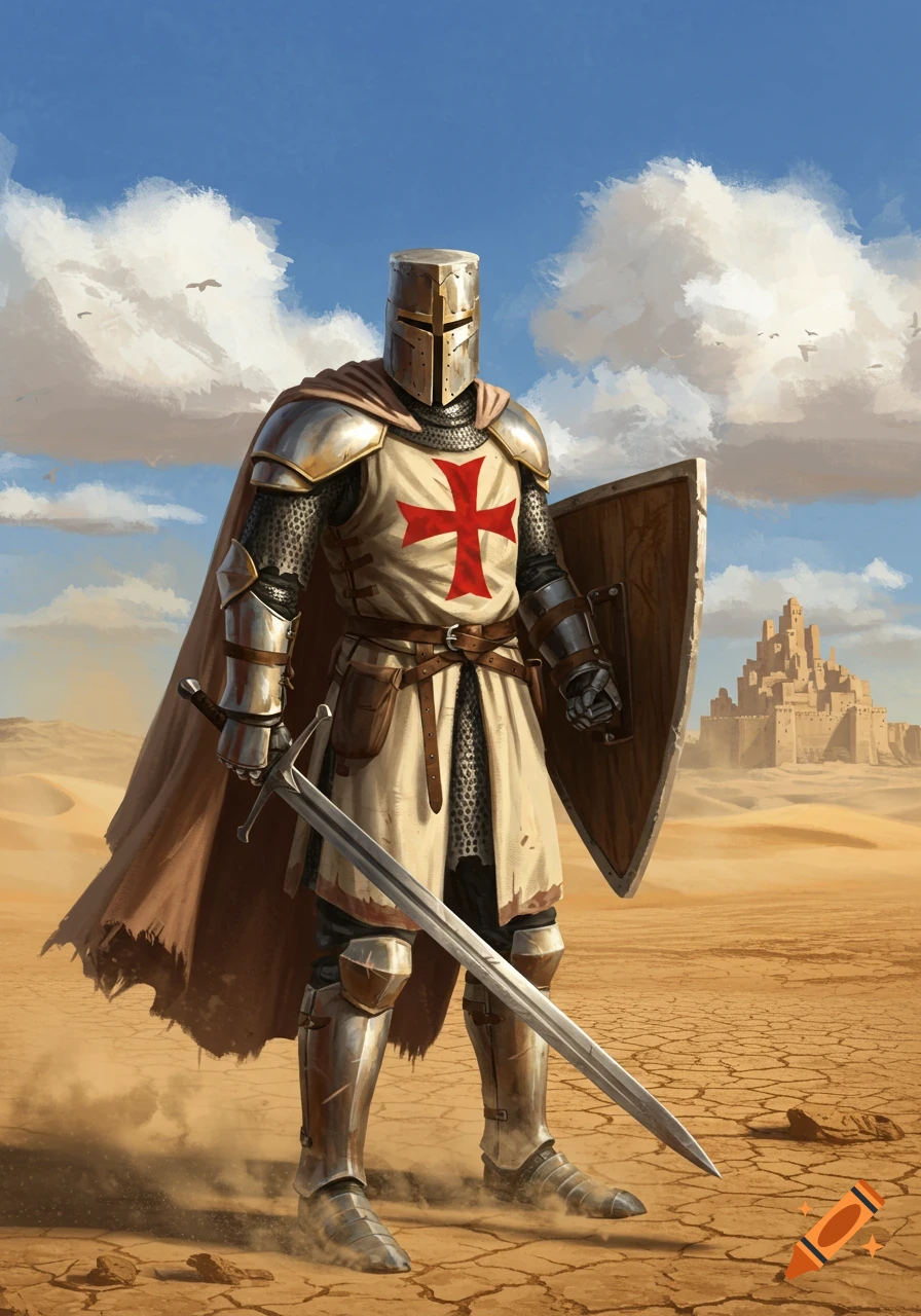 A Crusader knight in armor and cape stands with a sword and shield in a desert, with a castle in the distance.