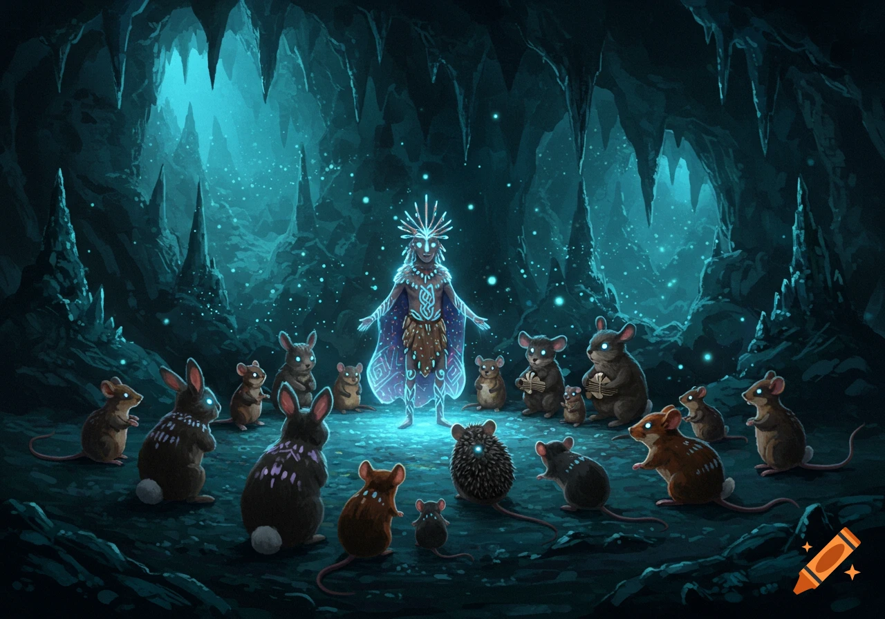 A glowing, ethereal figure stands in a dark blue cave, surrounded by various small furry animals, in a stylized digital art style.