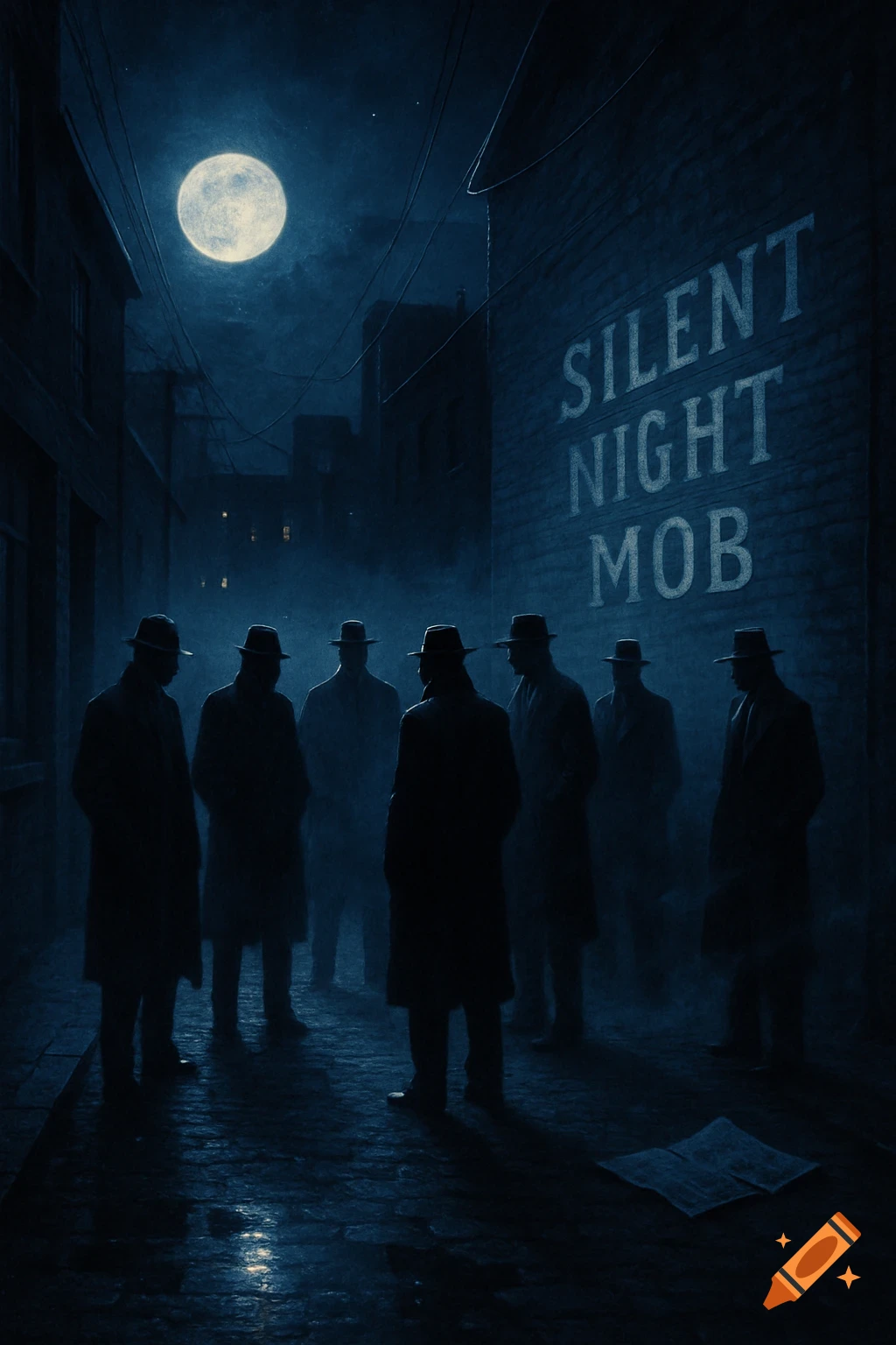 Seven men in fedoras and trench coats stand in a dark, foggy alley under a full moon. The words 'SILENT NIGHT MOB' are painted on a brick wall.