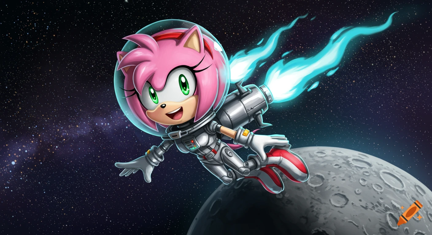 Amy Rose in a silver spacesuit with a jetpack flies in space near the moon, blue flames behind her.