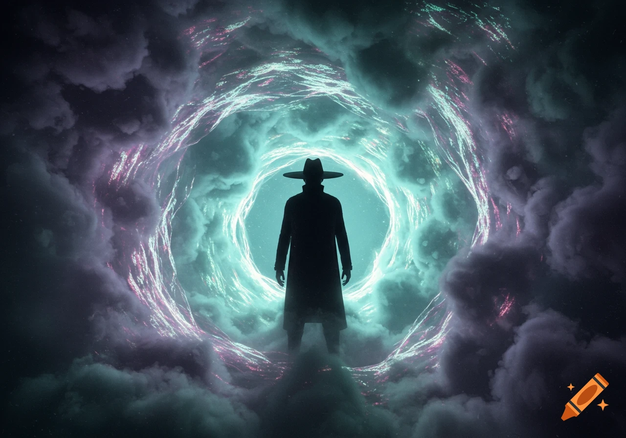 Silhouette of a man in a fedora and trench coat standing before a swirling, glowing blue and purple portal-like cloud tunnel.