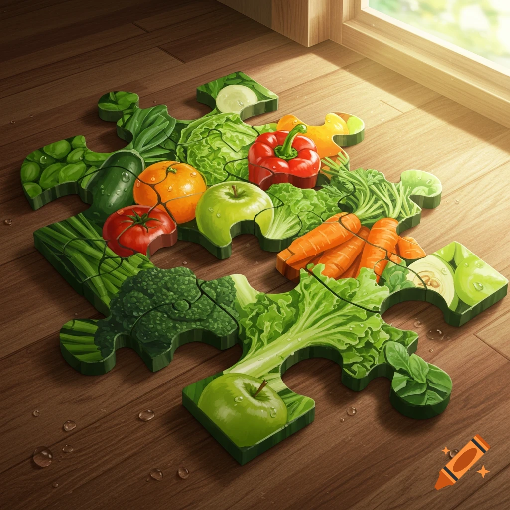 A colorful puzzle made of various fruits and vegetables like apples, carrots, lettuce, and broccoli lies on a wooden floor.