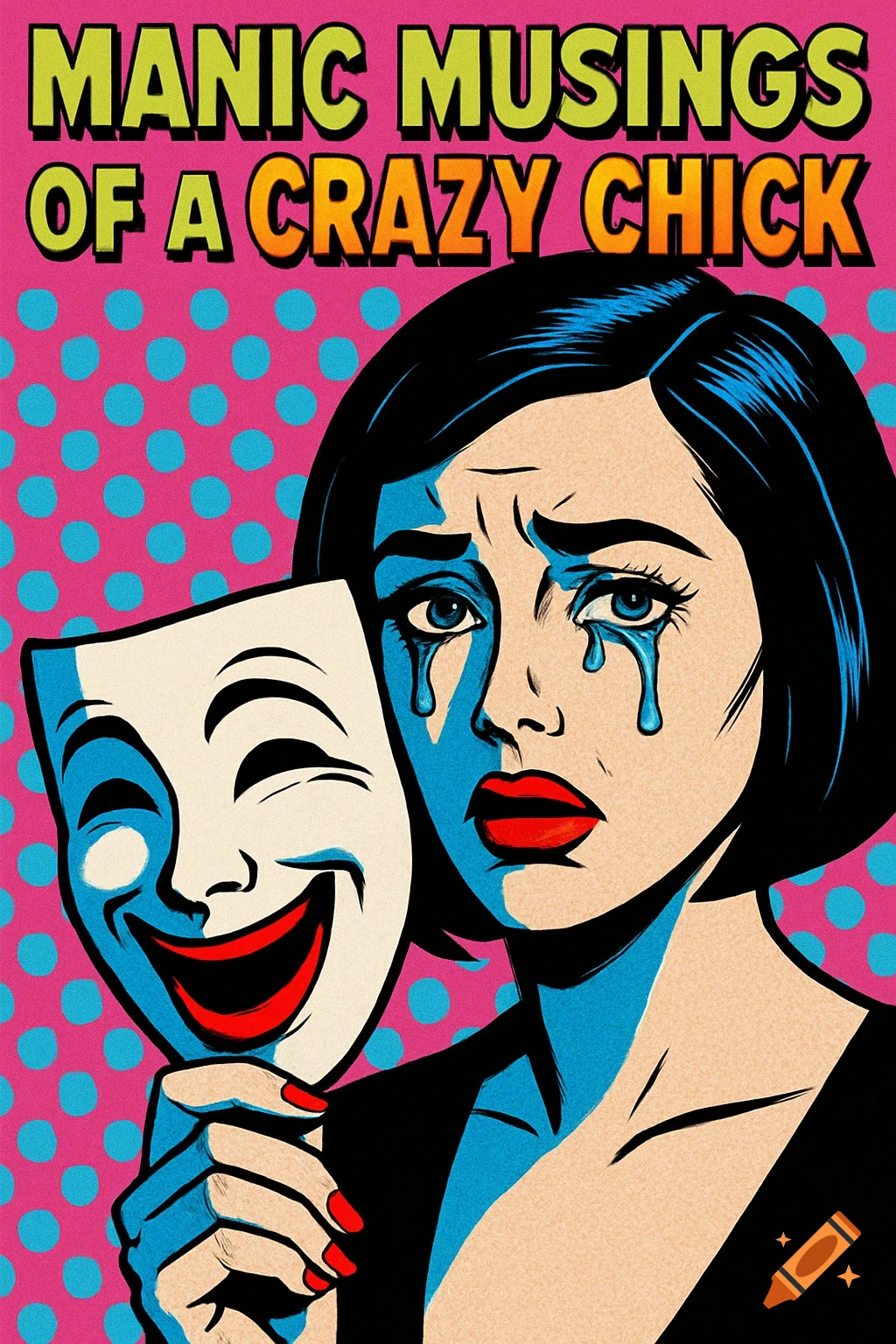Pop art illustration of a crying woman holding a smiling drama mask, with text 'Manic Musings of a Crazy Chick'.