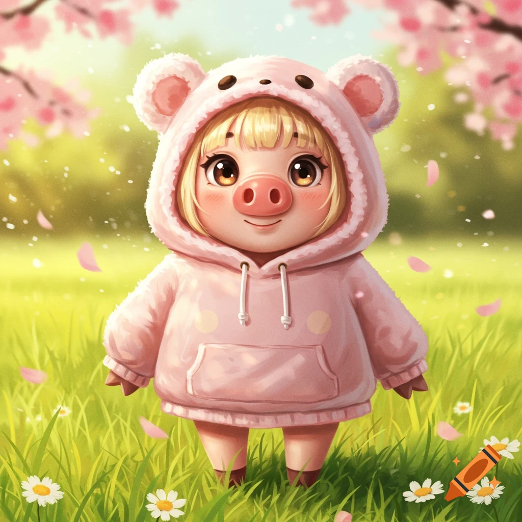 A cute cartoon anthropomorphic pig girl wearing a pink hoodie with bear ears stands in a sunny field with flowers and pink petals.