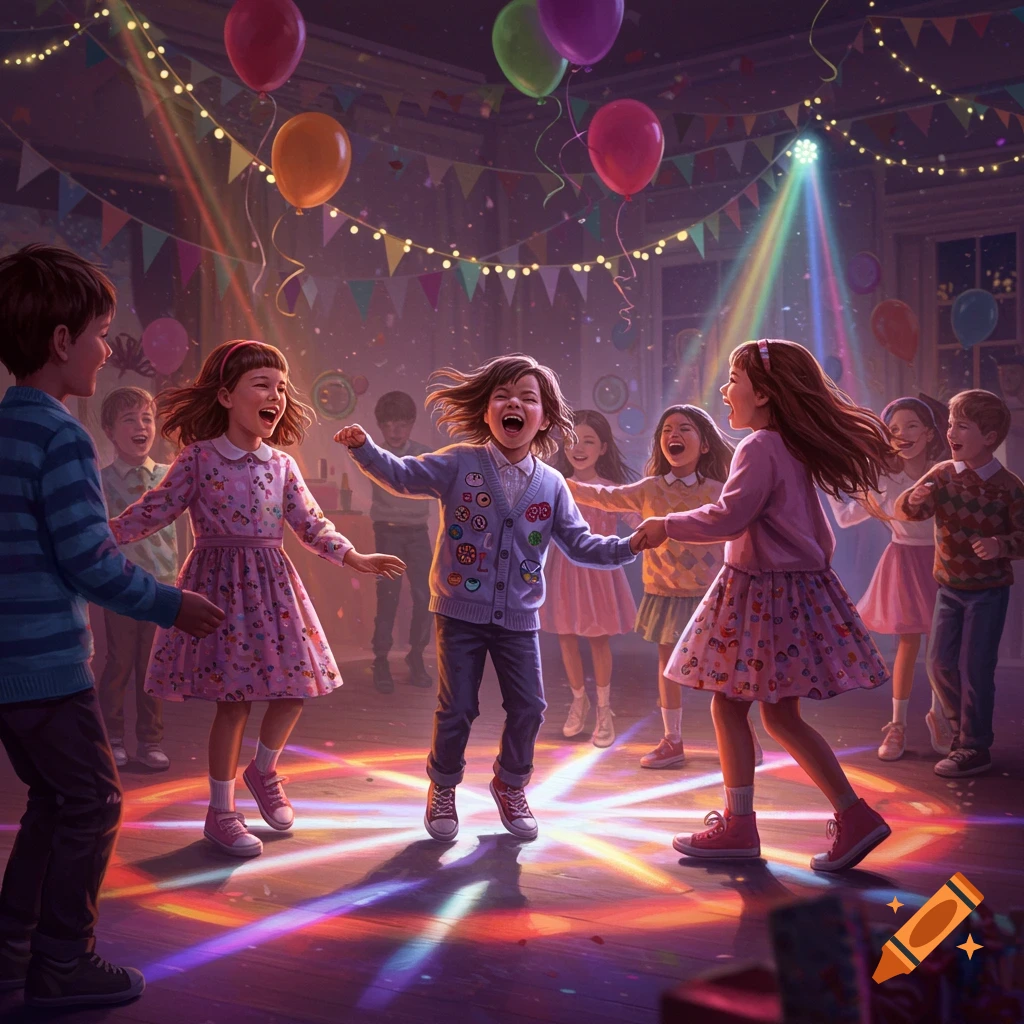 Happy children dancing joyfully under colorful disco lights and balloons at a lively party, photorealistic.