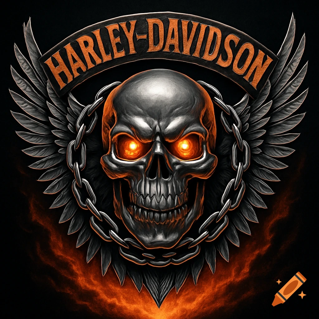 Metallic skull with glowing orange eyes, chains, wings, and 'HARLEY-DAVIDSON' text on a banner, set against a fiery dark background.