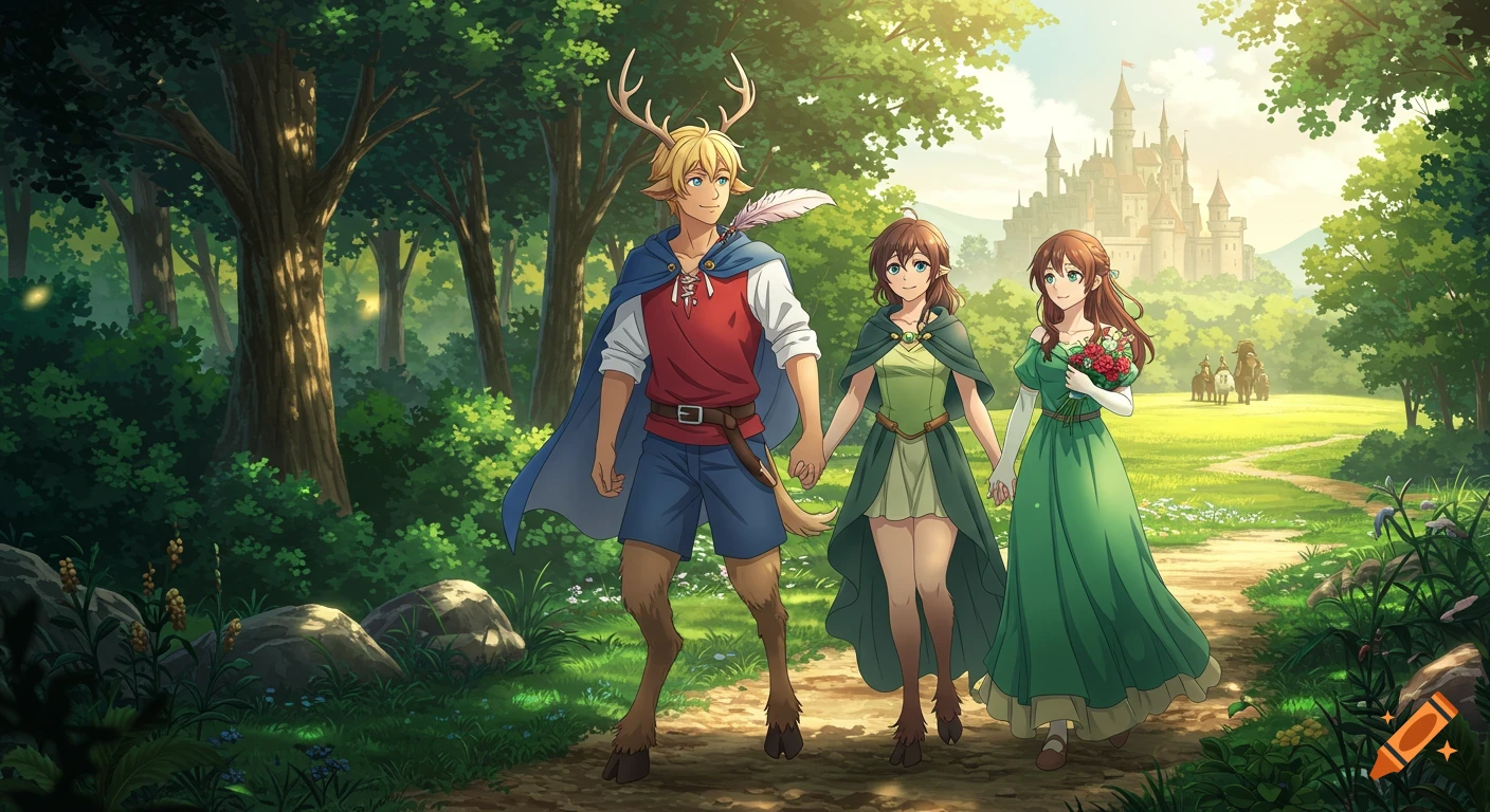 An anime-style image of a blond satyr man, a brunette faun woman, and a brunette woman holding flowers, walking a forested path towards a distant castle at late morning.