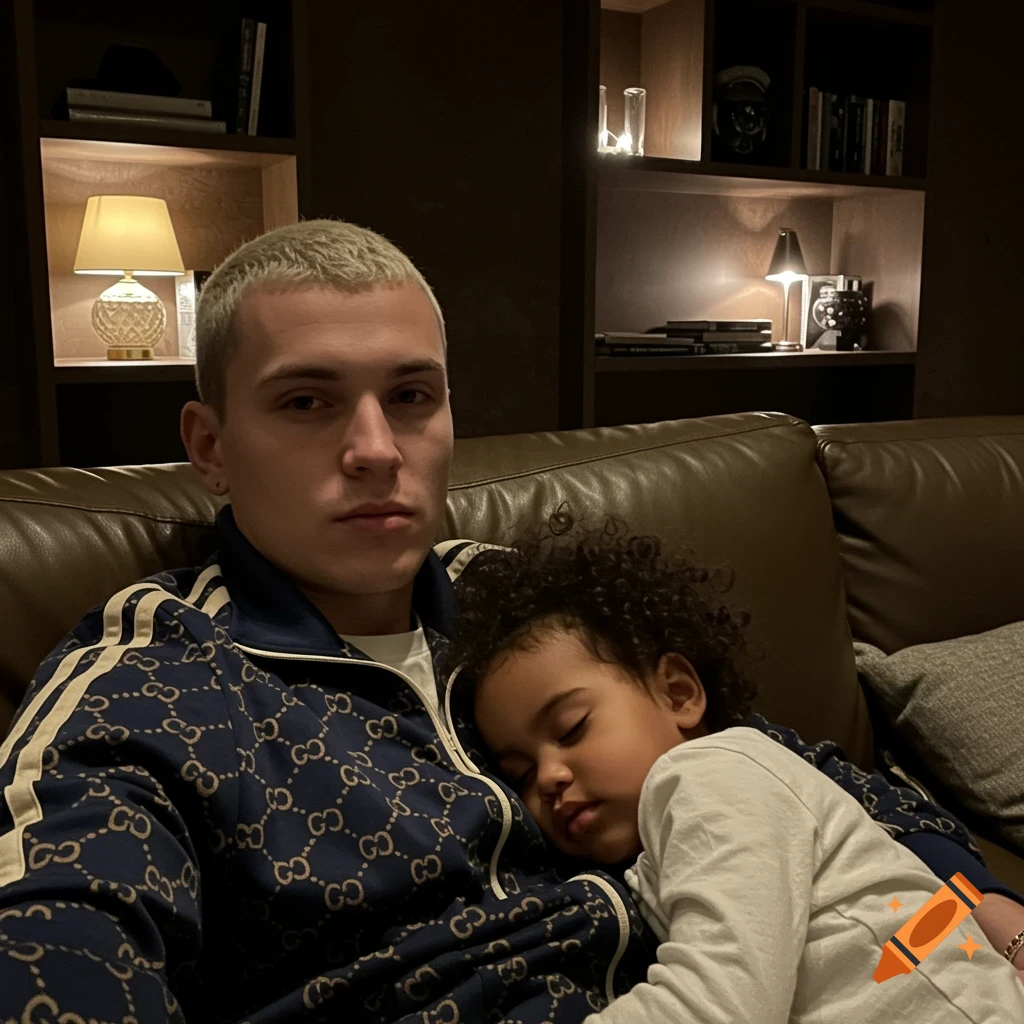 A blonde man in a Gucci tracksuit holds a sleeping curly-haired child on a brown couch at night.