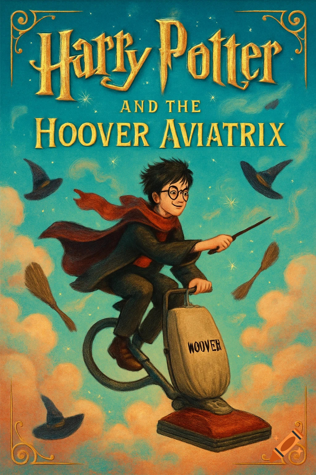 Illustrated book cover titled 'Harry Potter and the Hoover Aviatrix,' depicting Harry Potter riding a vacuum cleaner in the sky, with flying brooms and wizard hats.