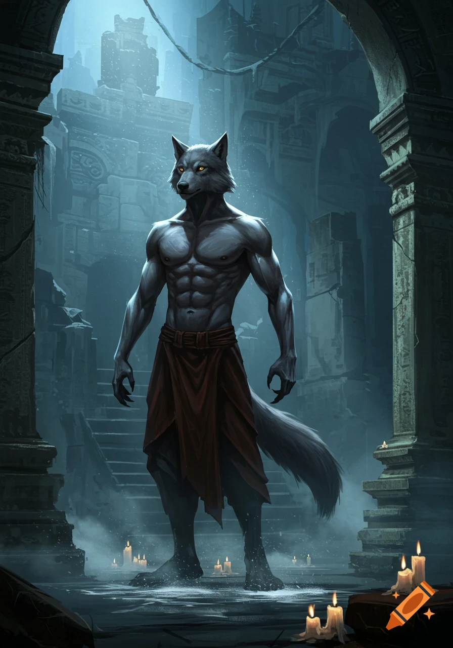 A tall, muscular wolf-man in a red loincloth stands in ancient, misty ruins illuminated by numerous candles.