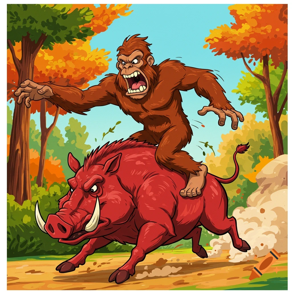 An angry cartoon bigfoot rides a red razorback hog through a colorful autumn forest.