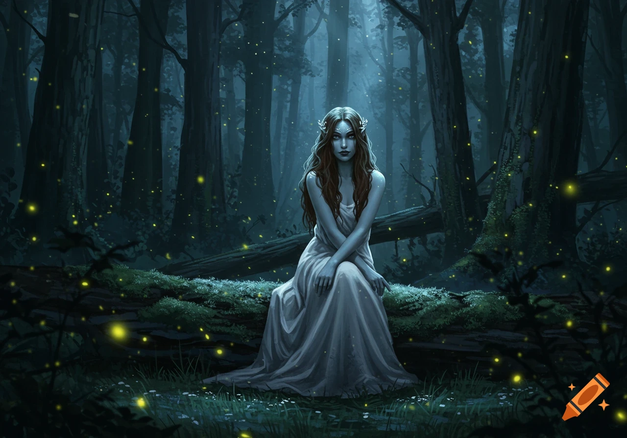 A blue-skinned woman with long hair sits on a mossy log in a dark forest, surrounded by glowing fireflies, in a digital painting style.
