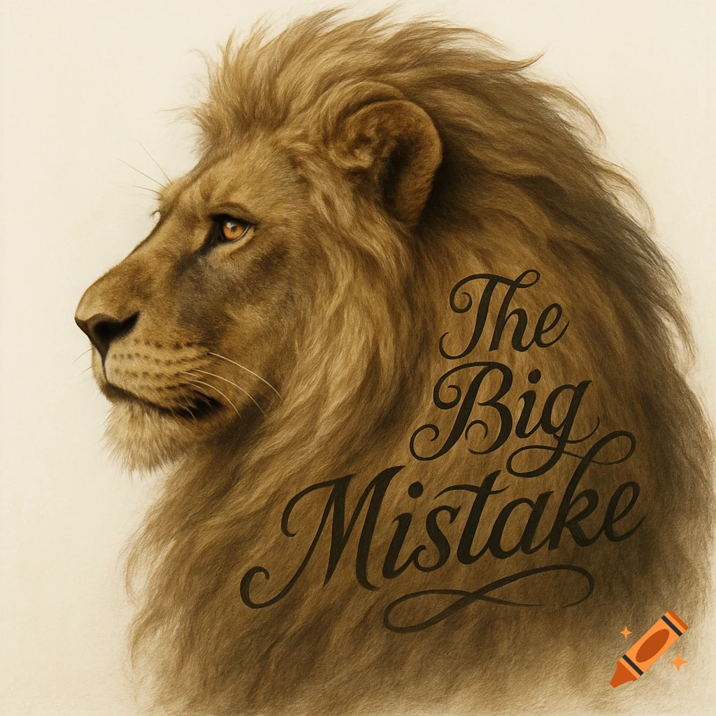 A detailed illustration of a lion's head in profile, facing left, with the words "The Big Mistake" in a script font over its brown mane, against a light background.