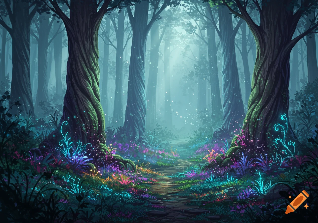 Fantasy forest path with tall trees and glowing blue, purple, and green bioluminescent plants, bathed in ethereal light.