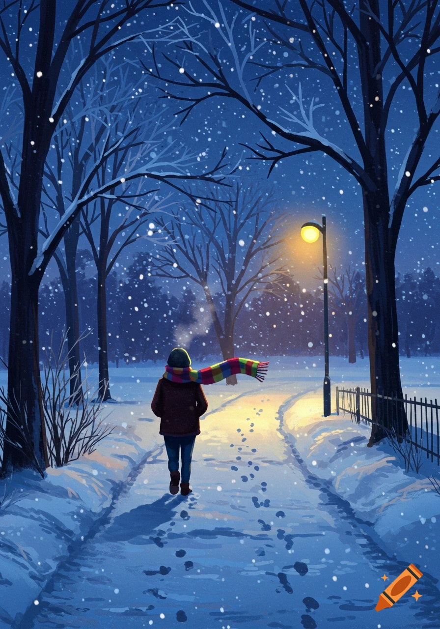 Illustrated person in a colorful scarf walks through a snowy park at night, illuminated by a lamppost.