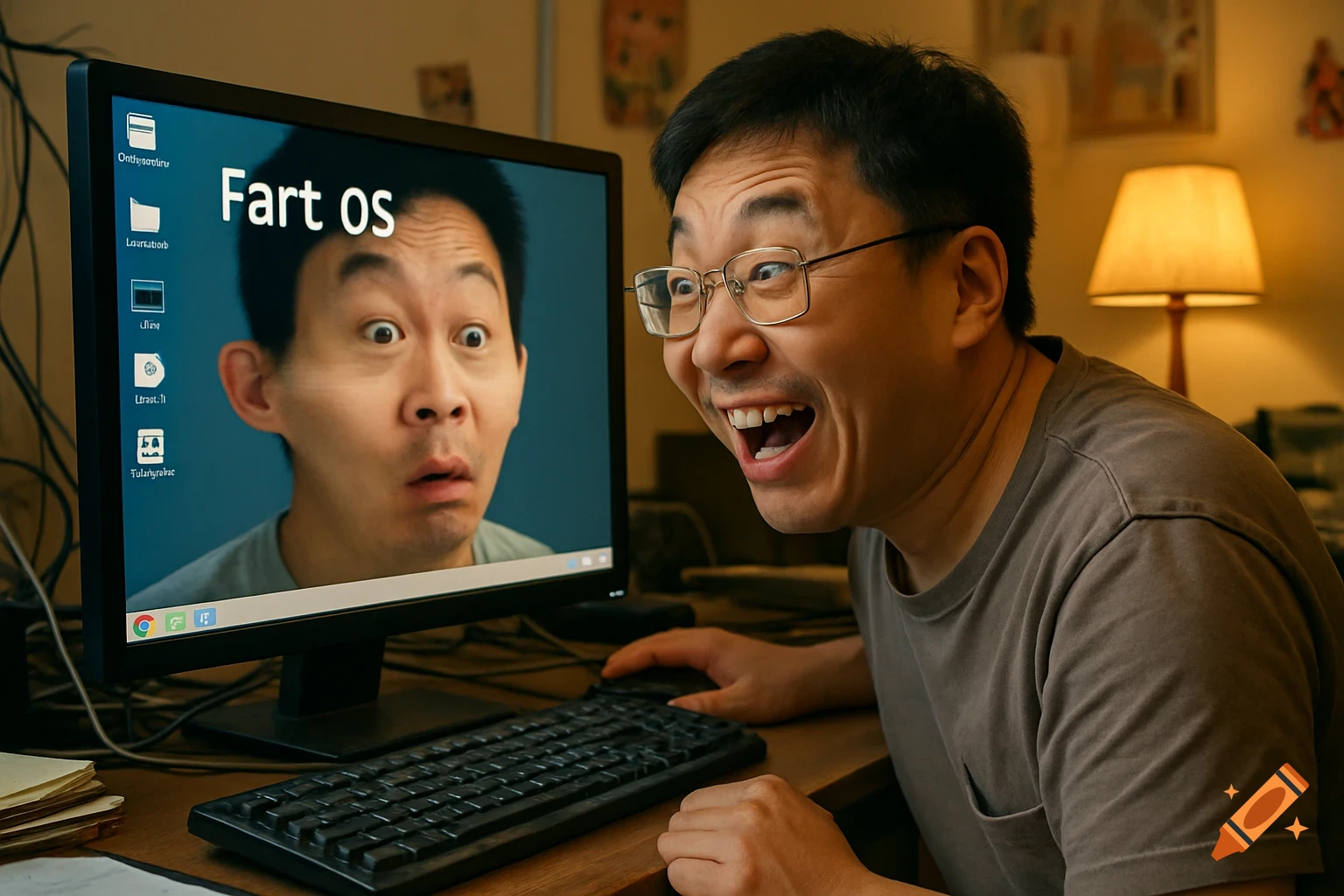 A man laughs while looking at a computer screen displaying "Fart OS" and a wallpaper of a wide-eyed man with a shocked expression.