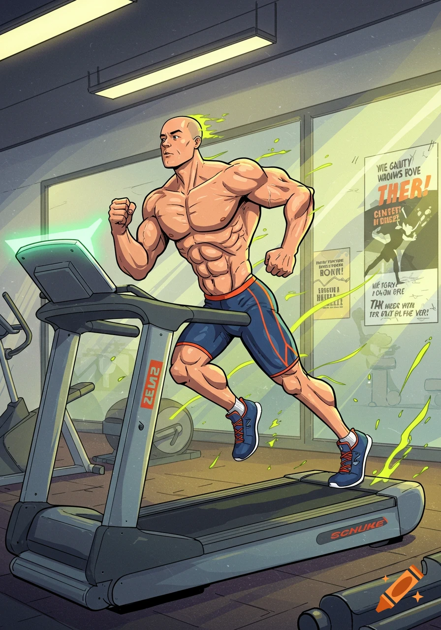 Cartoon bald man with defined muscles running on a treadmill in a gym.