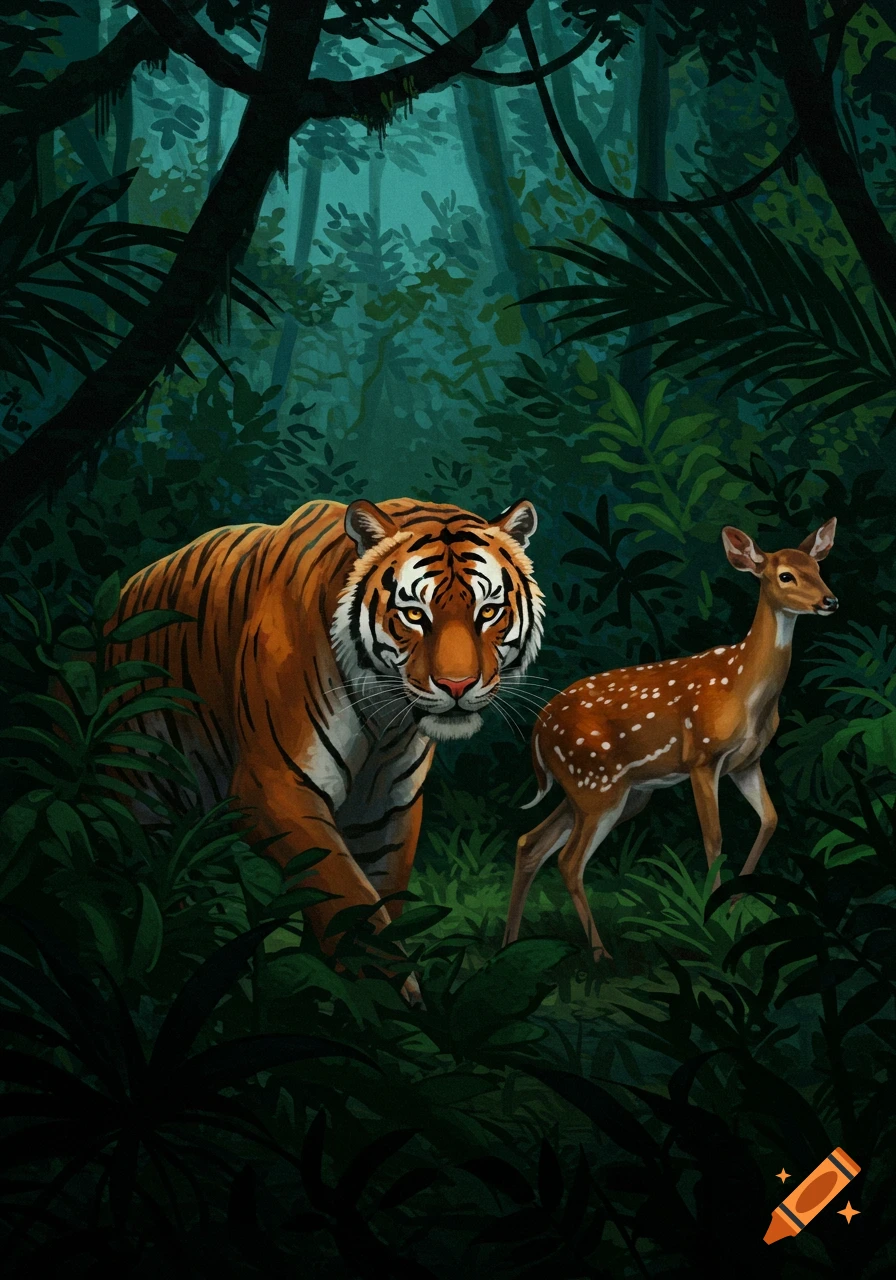 A tiger and a spotted deer stand among lush green foliage in a dark jungle, in an illustrative style.