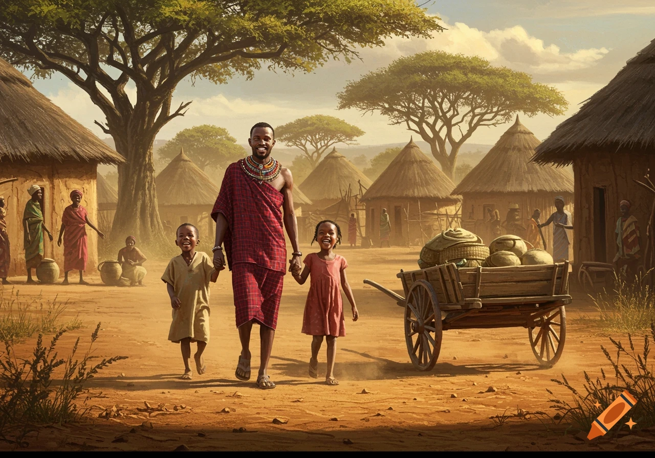 Smiling African father in traditional attire with two children walks through a dusty rural village with thatched huts and a wooden cart, realistic painting.