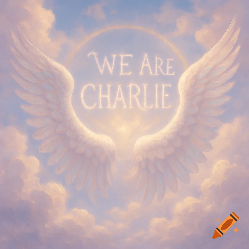 Glowing white angel wings in a pastel cloudy sky, with the text 'WE ARE CHARLIE' glowing inside a rainbow halo.