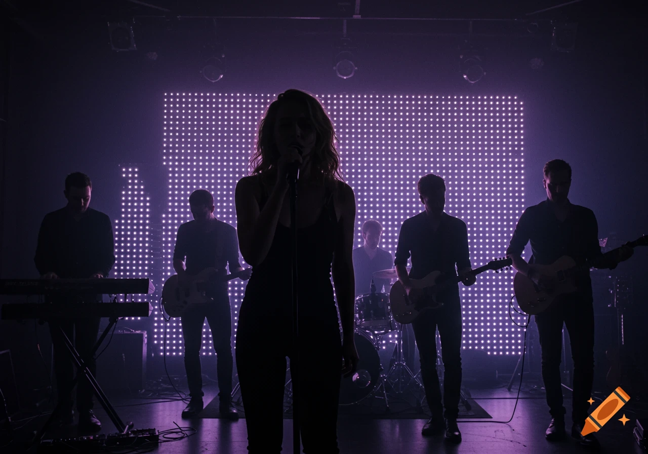 A band performs on a dark stage, silhouetted against a bright purple LED wall. A female singer stands center with male musicians.