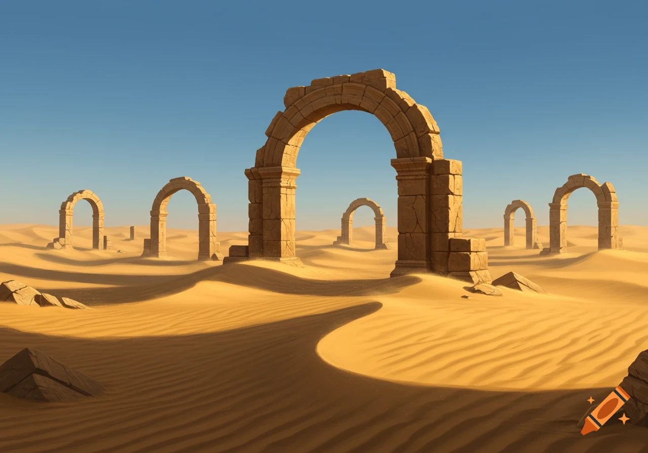 Ancient stone archways stand amidst sandy dunes under a clear blue sky in a desert landscape.