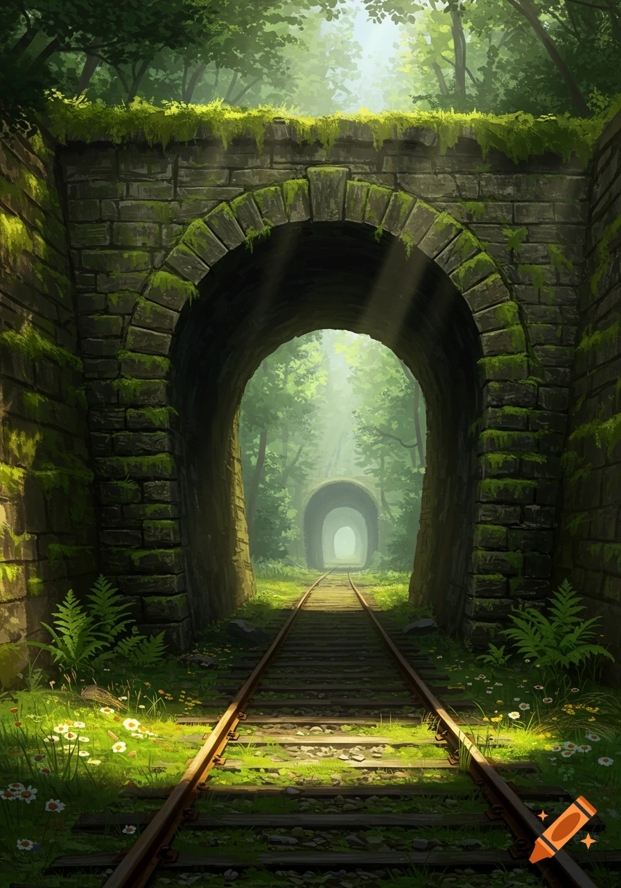 Railroad tracks lead through two moss-covered stone tunnels in a lush, sun-dappled forest, appearing like a path into the distance.