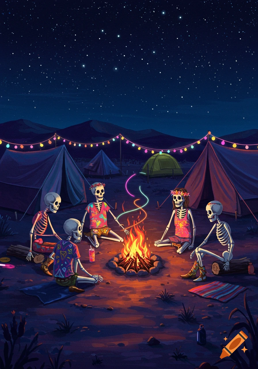 Colorful illustration of five skeletons camping at night under a starry sky. They sit around a campfire, wearing vibrant festival clothes, with tents and string lights in the background.