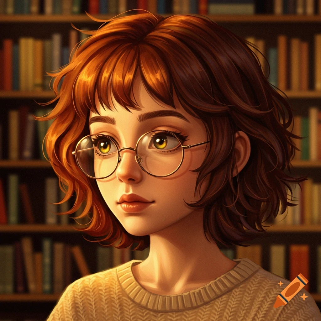 An anime-style illustration of a girl with short reddish-brown hair, round glasses, and yellow eyes, wearing a cream sweater, in front of a blurred bookshelf.